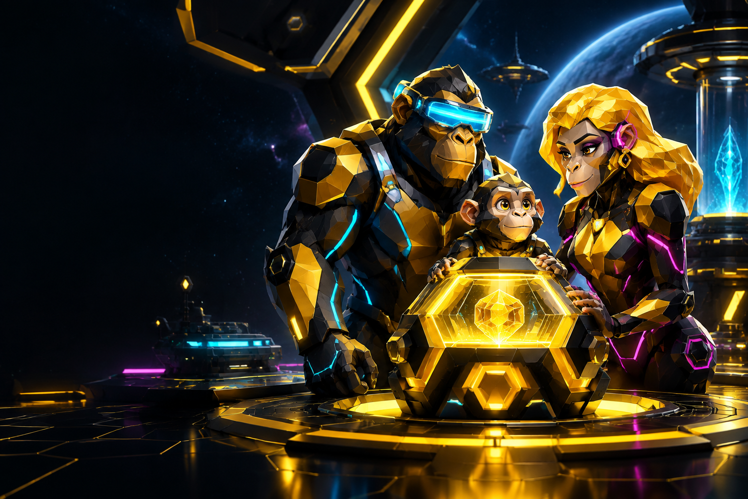 Three stylized FBACY apes beside a glowing Gene Pod